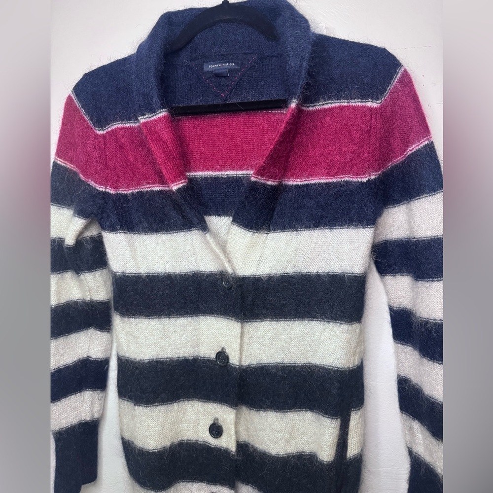 Tommy Hilfiger Mohair Wool Blend Striped Shawl Collar Cardigan S